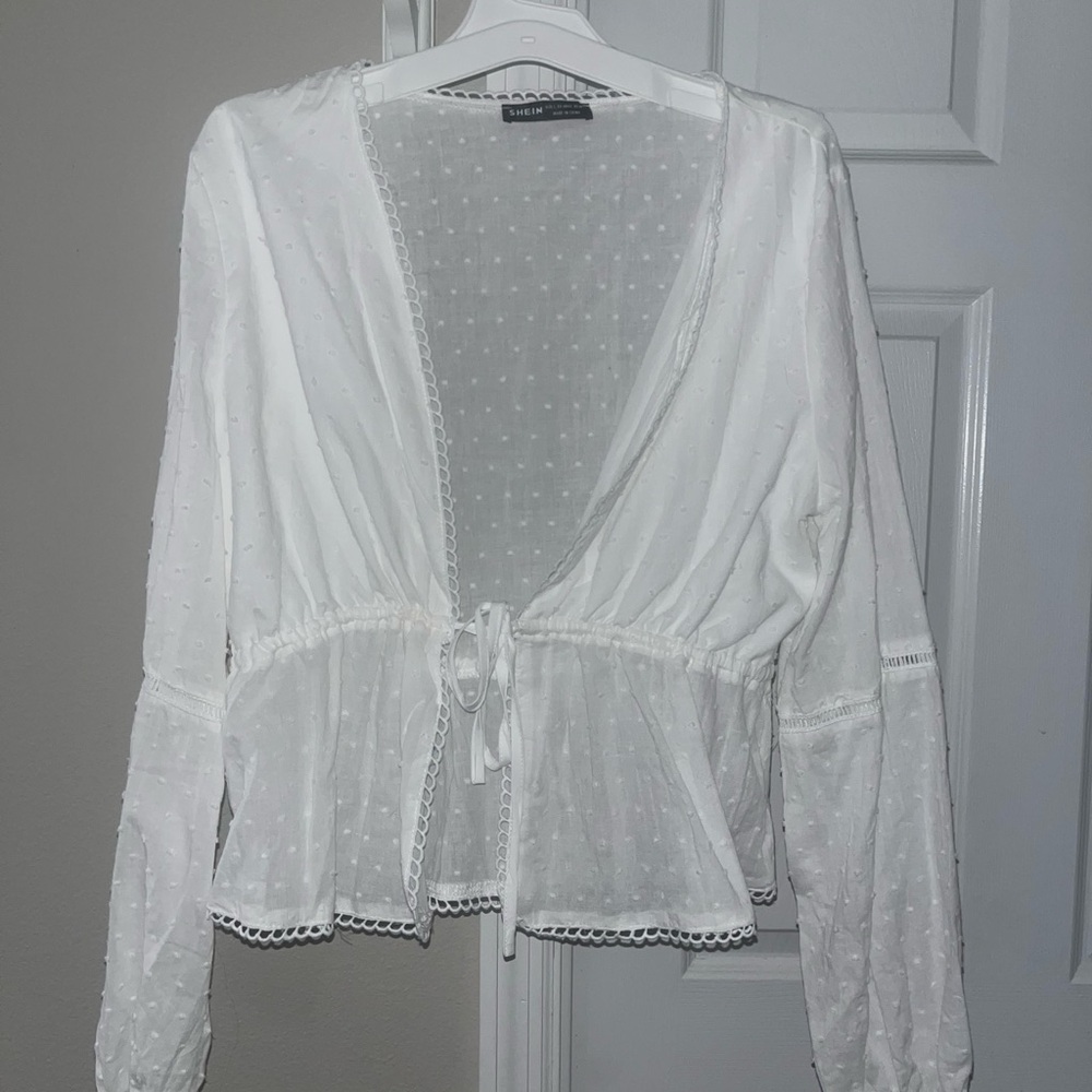 White Sheer Blouse with Tie Front